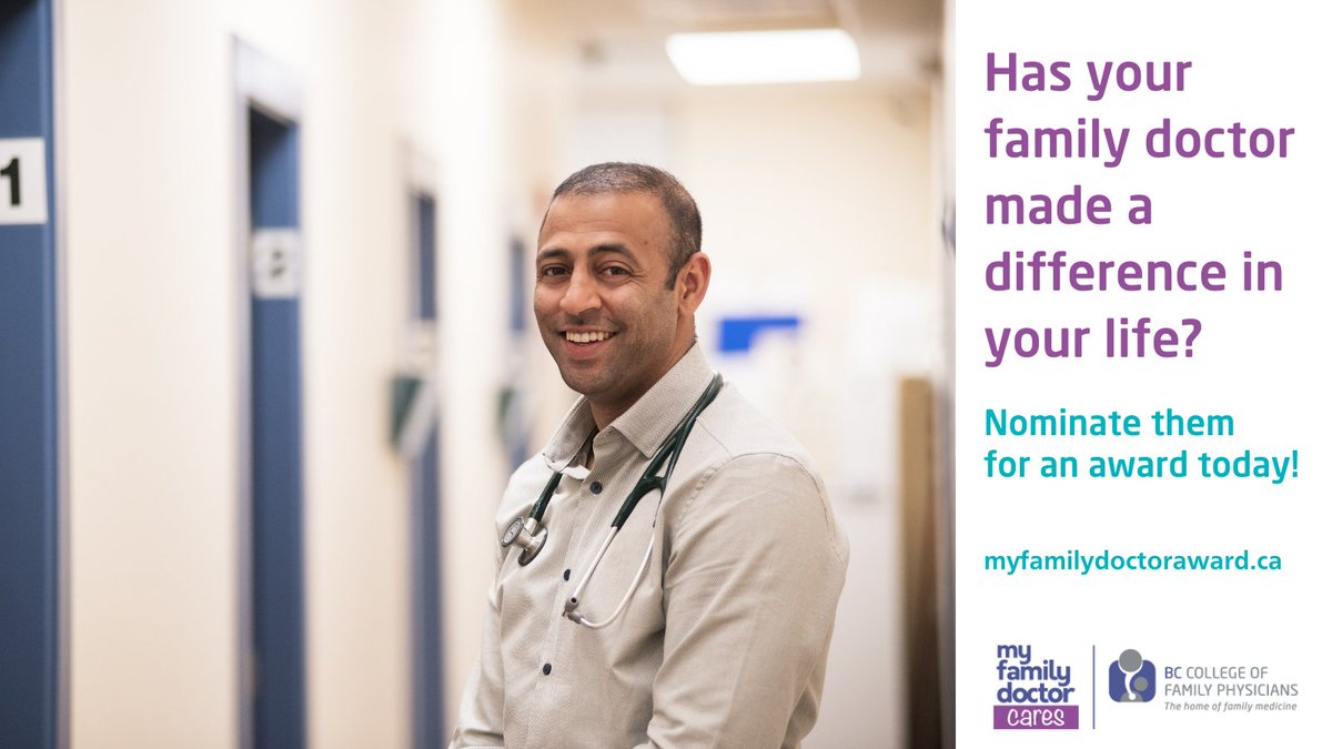 Have you experienced the benefits of a #familydoctor who knows you and has cared for you over time? Nominate them today! MyFamilyDoctorAward.ca  <a href="/PatientVoicesBC/">Patient Voices Network</a> <a href="/RCC_bc/">Rural Coordination Centre of BC (RCCbc)</a> <a href="/Interior_Health/">Interior Health</a> <a href="/VCHhealthcare/">Vancouver Coastal Health</a> <a href="/Northern_Health/">Northern Health</a> <a href="/fnha/">FNHA</a> <a href="/Fraserhealth/">Fraser Health</a>