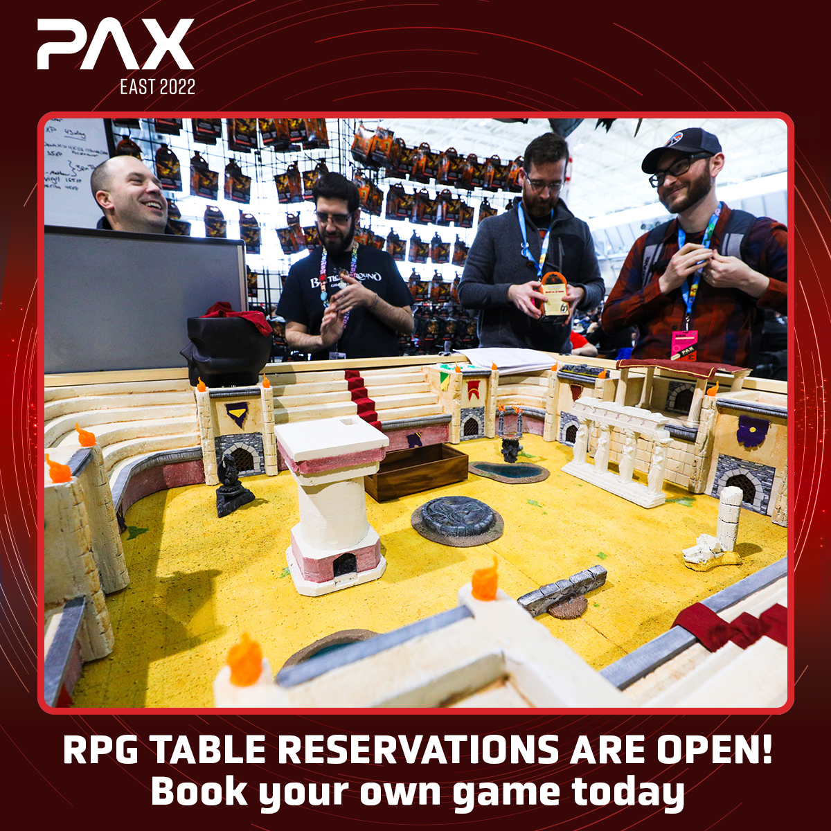 pax's tweet photo. Ever wanted to run your own tabletop RPG at #PAXEast? Well, now you can with the newly-available RPG Table Reservation system! Schedule time for you and your friends or offer open sign-ups for anyone at the show. Learn more and reserve your spot now at https://t.co/QYFnAHLvRb https://t.co/C7rW335vVq