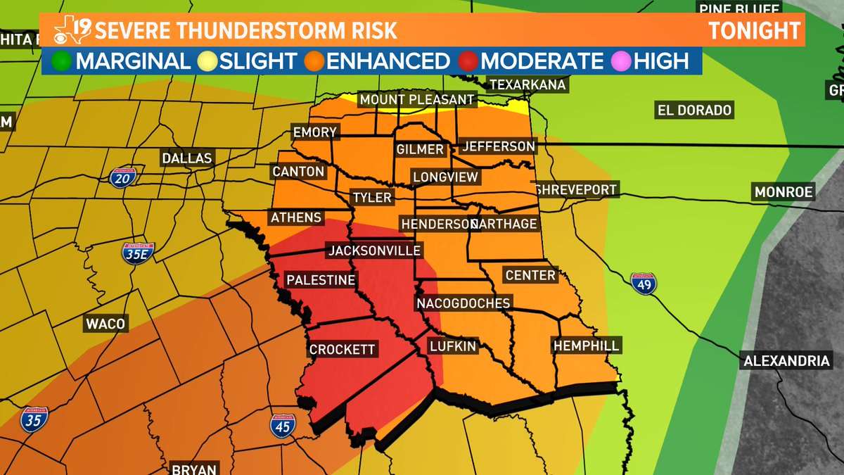<a href="/kytxcbs19/">KYTX CBS19</a> A Level 4 of 5 risk has been added for our SW Counties. While all types of severe weather are still possible, this particular region has a greater chance at strong or severe thunderstorm development. 

#TXwx