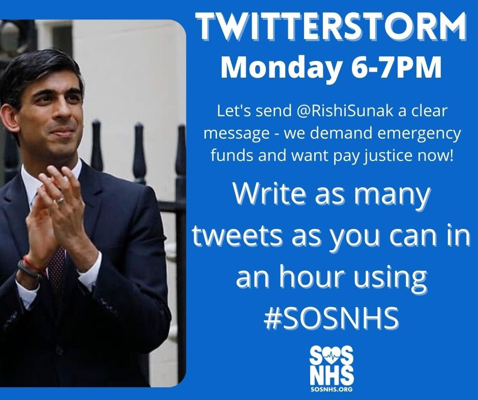 Join the twitter storm starting NOW!

Send @RishiSunak a clear message - We DEMAND emergency funding for our NHS in the Spring Budget!

#SOSNHS #NHSFuel #NHSPay15