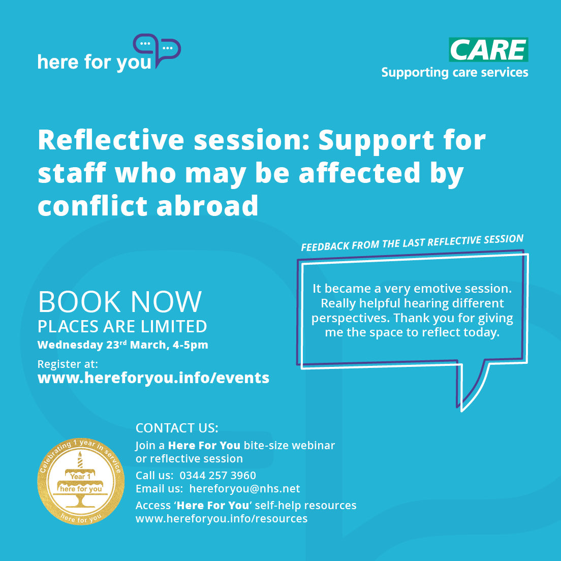 ProsperHF's tweet photo. +++ Spaces available for Wednesday 23rd March ++++ ‘Support for staff who may be affected by conflict abroad.’   Reflective session https://t.co/fcRfyFIGZl