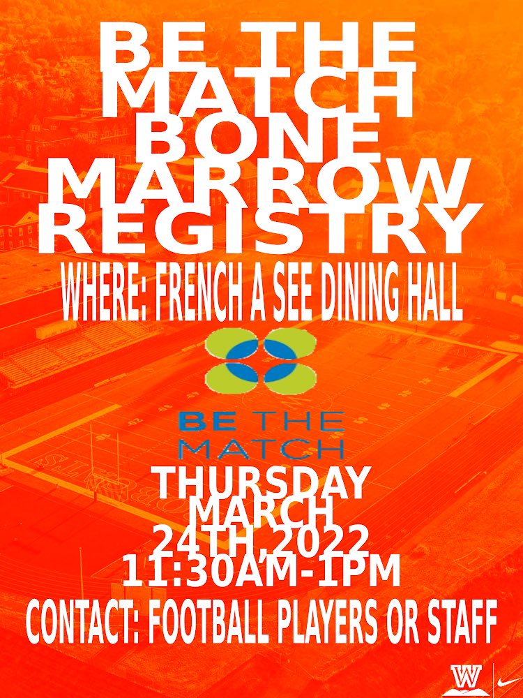 ATTENTION: We are holding a Bone Marrow Registry Event this Thursday. We invite all Bobcats From 11:30am-1pm! Come out and make an impact! @WVWCBobcats @wvwc_greek @TennisWvwc @WVWCLAX @WVWCBaseball @WVWCTrack @WVWC_Hoops @WVWCSwimming @WVWCMSoccer @WVWC_wbb @WVWCSAAC @wvwc