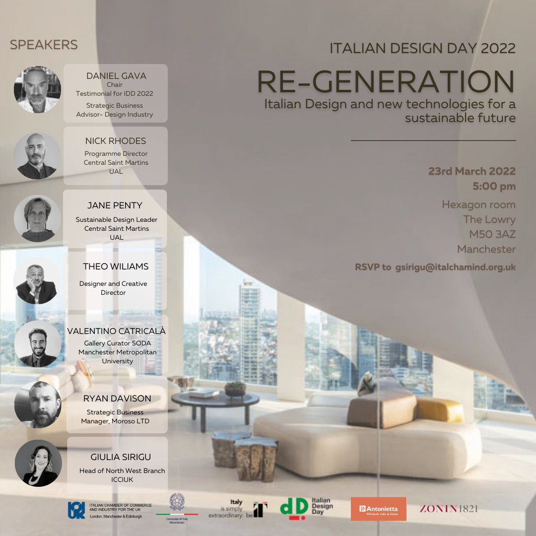 🇮🇹 Italian Design Day
Re Generation. Italian #Design and New Technologies for a #Sustainable Future.
Join us on 23/3, from 5pm, at @The_Lowry.
🔗consmanchester.esteri.it/consolato_manc…

#IDD2022 #ItalianDesignDay #Manchester #sustainablity