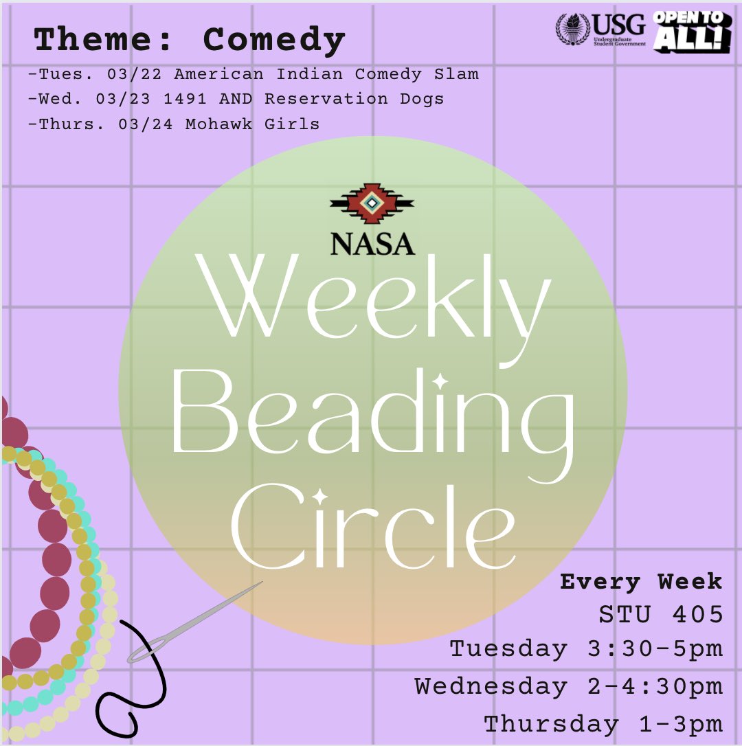 uscnasa's tweet photo. 🪡 Weekly Beading Circle🪡
Welcome back from Spring Break!
This week’s theme is Comedy! We will be watching American Indian Comedy Slam, 1491, Reservation Dogs and Mohawk Girls. See schedule on post. No new template this week so that you have time to catch up on other projects! https://t.co/70LiviF7ZW