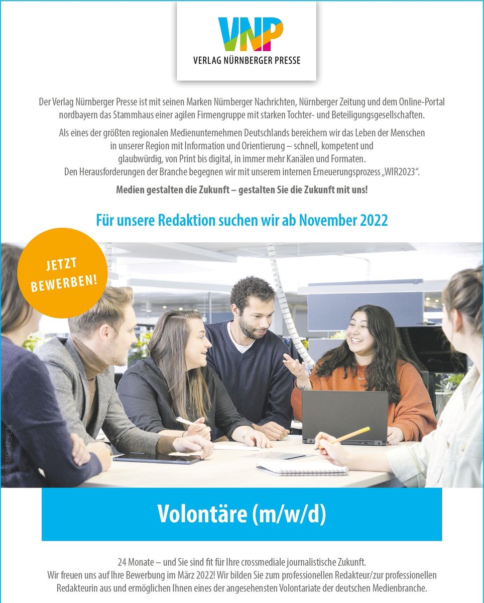 leameingast's tweet photo. Bewerbt euch jetzt im März fürs #Volontariat bei @NN_Online @nordbayern, wer Lust auf multimedialen Regional-#journalismus hat - wir freuen uns auf viele tolle kreative Köpfe!
https://t.co/AgpuQxwlhx
#medien #medienbranche #volo @ChristliPublizi @funklustDE @radiomaxneo @UniFAU https://t.co/Sm0tl12Lcj