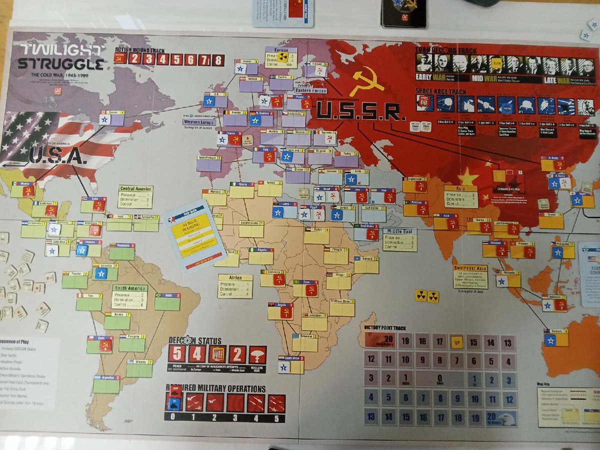 hexandcounter's tweet photo. Played @gmtgames Twilight Struggle last Saturday. With lucky early rolls was able to secure some space in the Europe and Asia, and scored last needed points as USSR in Africa on Turn 5. https://t.co/v7qdYKvkay
