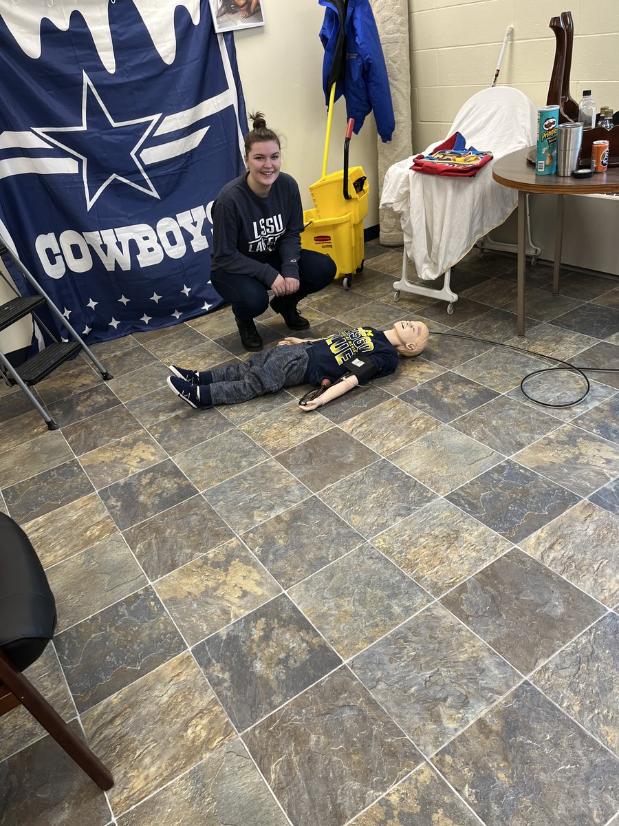 LSSUSuperiorSim's tweet photo. #SimJunior was playing on a ladder out in the garage and slipped, causing a left sided brain injury. LSSU EMS students were able to come in and stable JR's life threatening injuries. #learning  #success #patientsafety #Simulation https://t.co/k9qoFg6AxU