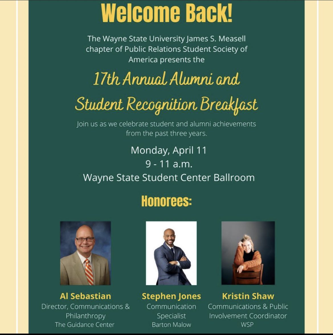 WSU_COM's tweet image. @wsuprssa is hosting their annual breakfast on April 11 in the student center ballroom from 9-11 a.m. The link to register is here: rsvp.wayne.edu/prssa-breakfas…. 

The last day to register is March 28!