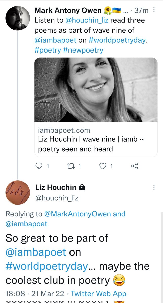 iamb_uk's tweet photo. How's this for praise and a sexy soundbite rolled into one? Thank you @houchin_liz! Great to have you as part of the @iambapoet family! #iamb #wavenine #poetry #worldpoetryday https://t.co/UqEtsicozo