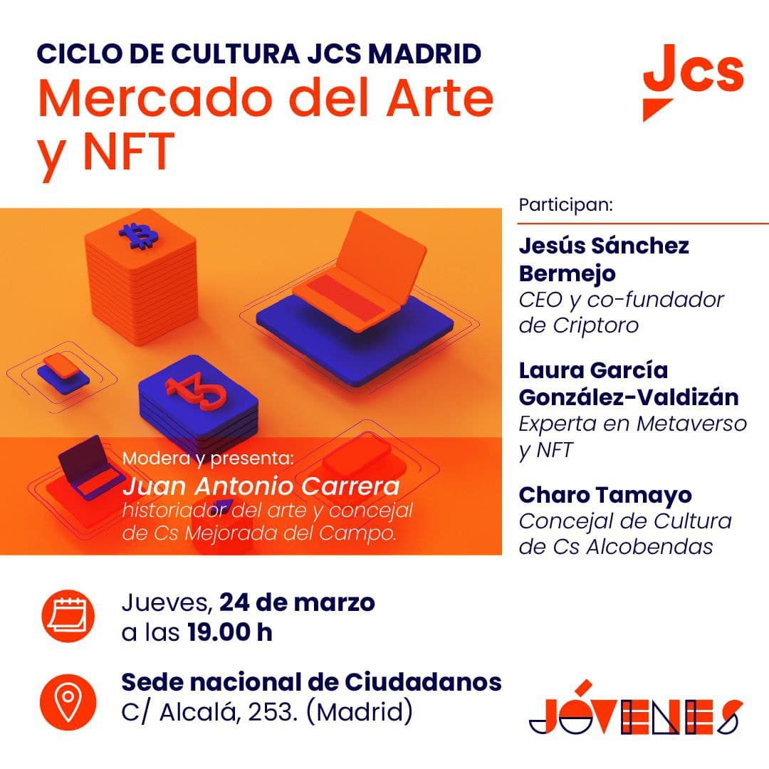 CS_Madrid's tweet photo. 🪙 Nos vemos el jueves en la sede nacional para hablar del mercado de arte y NFT en el 1º Encuentro Cultural de @JcsMadrid_
📌 A partir de las 19:00h, en c/ Alcalá 253.
#CryptoCs #BlockChainCs https://t.co/FontJyAPDp