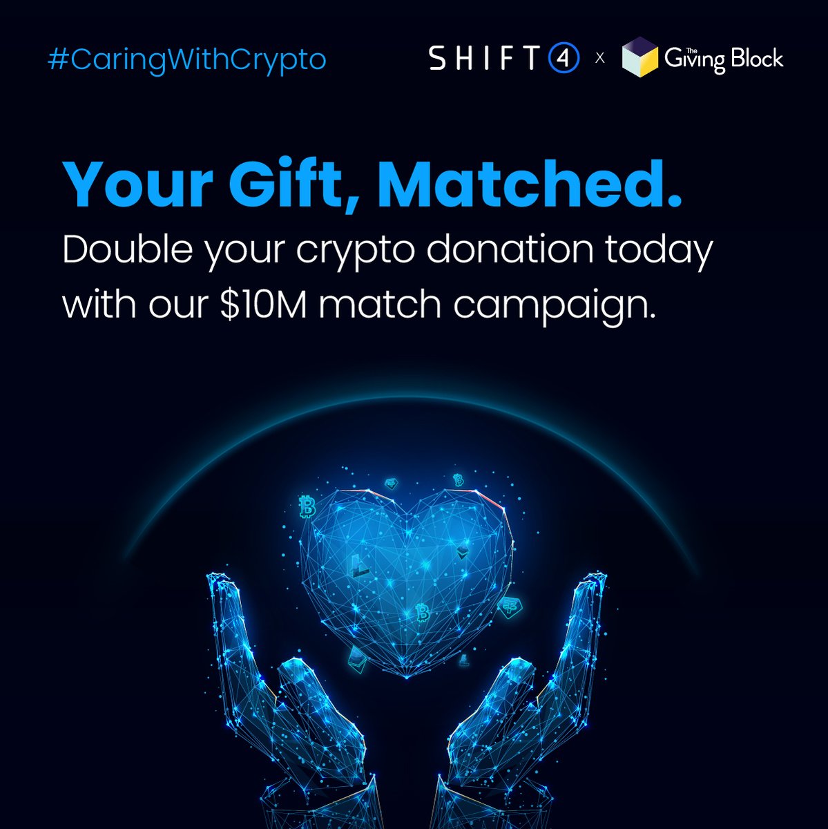 Thanks to a $10M matching crypto fundraising initiative from our friends <a href="/TheGivingBlock/">The Giving Block</a> and <a href="/Shift4/">Shift4</a>, all crypto donations made to Advocates for Children CASA can be doubled! Shoutout to <a href="/rookisaacman/">Jared Isaacman</a> @trptdan <a href="/TGBEmily/">Emily Fascilla @ The Giving Block</a>! #CaringWithCrypto #Bitcoin 
adv4children.org/donate-crypto/