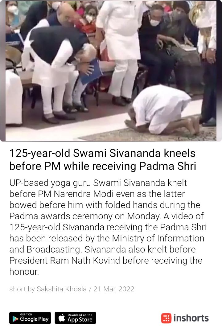 Inspiration is always around us. 125 year old yoga practitioner Swami Shivananda conferred with Padma Shri.❤️ Simply Heartwarming.