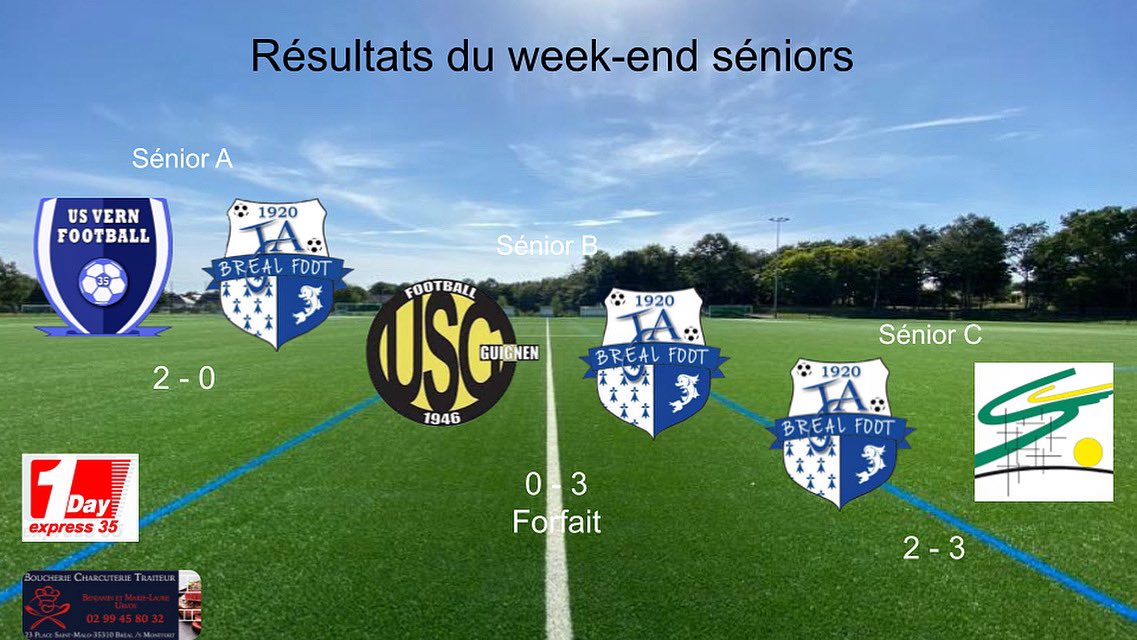 FootJa's tweet image. ⚽️ Résultats séniors 
Dimanche 20 mars

- Sénior A : Vern US 🆚 JA Bréal ❌ 2-0

- Sénior B : US Guignen 🆚 JA Bréal ✅ 0-3 (Forfait) 

- Sénior C : JA Bréal 🆚 USC Chavagne ❌ 2-3