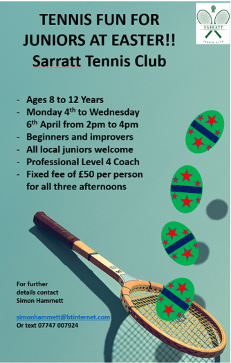 SarrattTC's tweet photo. Junior Tennis in Sarratt during Easter. 
Aimed at 8 to 12 yr olds with coaching by a Level 4 LTA coach. Sessions from 4 - 6 April from 2-4pm. Enrol your young, budding tennis stars of the future. 
Book now. #tennis #juniortennis #eastertenniscamp #tennisfun https://t.co/pBwmg3AaiB