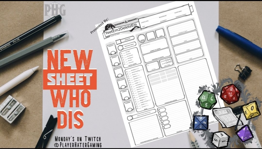PlayerHaterLLC's tweet photo. Need inspiration for making a new character? Then join us tonight on PHG's twitch at 6:30 pm CST to watch episode 5 of New Sheet Who Dis to check out Yeet's newest creation!
https://t.co/gmQmRhYZ0l
#NSWD #newsheetwhodis #welcometothetablephg #dnd #dungeonsanddragons5e https://t.co/kkmkCUKYI2