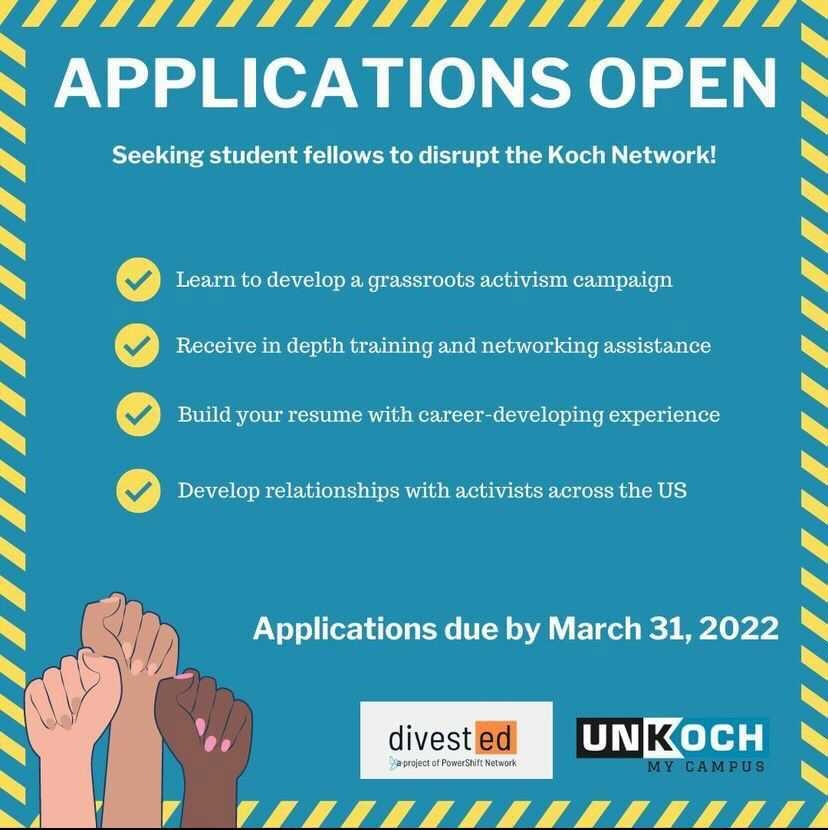 Apply for our summer fellowship program, where you will learn how to agitate and activate student-driven and community-supported power to achieve the removal of all Koch-funded research centers from institutions of education. Applications are due next week buff.ly/36XTeqM