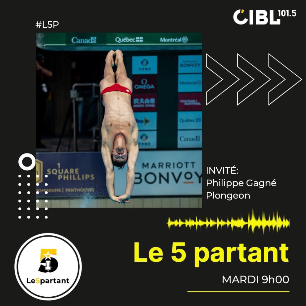Demain au 5 partant, on parle de plongeon avec le Montréalais Philippe Gagné! 🏆

Il a notamment participé aux Jeux olympiques de Rio en 2016! C'est un rendez-vous dès 9h00 à @CIBLmedia. 

#L5P