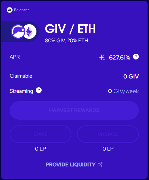 Giveth's tweet photo. All other rewards programs in the #GIVfarm are still live & running! 🔥
Earn over 600% APR my moving your Mainnet $GIV from #Univ3 to @BalancerLabs
https://t.co/PsQ9RbZ9tF https://t.co/kKCdPz5n5c
