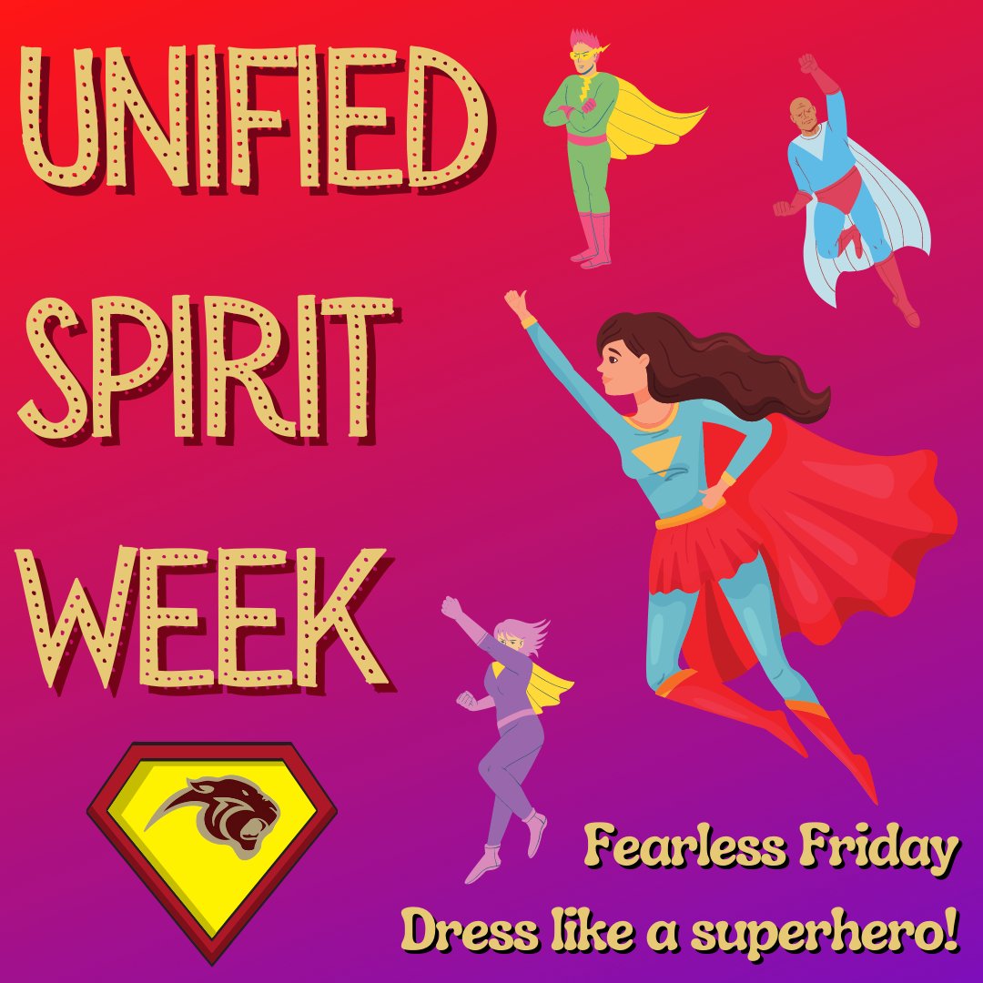 PelionPanthers's tweet image. Our final Unified Spirit Week spirit day theme is tomorrow and is Fearless Friday! Dress like a superhero!
#PelionPride #FearlessFriday #ProjectUnify