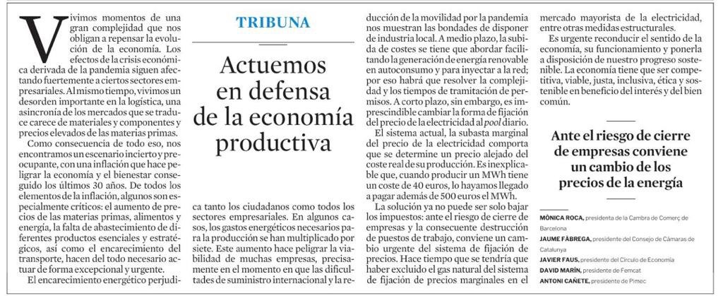 📢"Es urgente reconducir el sentido de la #Economia, su funcionamiento y ponerla a disposición de nuestro #progreso sostenible", dicen las entidades del ámbito ecónomico y empresarial del país.
<a href="/cambrabcn/">Cambra de Comerç de Barcelona</a>, Consejo de Cámaras de Cataluña, Círculo de Economía <a href="/femcat/">FemCAT - Fundació d'Empresaris de Catalunya</a> y <a href="/PIMEC/">Pimec</a>