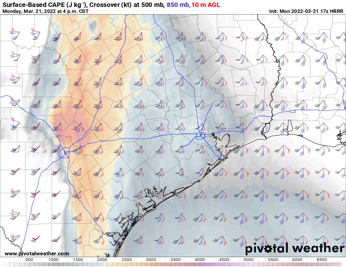 jhomenuk's tweet photo. Beautiful dryline bulge with pooling moisture &amp; instability on the HRRR by 21z. Area-averaged sounding shows an explosive environment with big-time low level buoyancy/3cape. Hodographs are a bit straight initially suggesting left-split gorilla hailers as storms organize. #txwx https://t.co/43E0CwBIzh