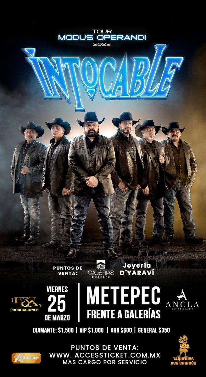 Este próximo viernes 25 de Marzo frente a Galerías Metepec, llega desde Zapata, Texas, con su Tour "Modus Operandi" " La Frescura Norteña"  <a href="/grupointocable/">Grupo Intocable</a> con todos sus éxitos !!! 
Venta de Boletos en accessticket.com.mx
@AnclaInmobiliaria
<a href="/HercaProduccion/">Herca Producciones</a>
<a href="/FriendlyMX/">Friendly MX</a>