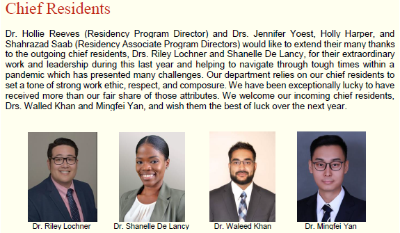 Congratulations to our incoming Chief Residents, Dr. Waleed Khan &amp; Dr. Mingfei Yan. Thank you to our former chiefs, Dr. Riley Lochner &amp; Dr. Shanelle De Lancy for their year of leadership and excellent work! #PathTwitter <a href="/mingfei_yan/">Mingfei Yan</a> <a href="/rileylochner/">Riley Lochner</a>