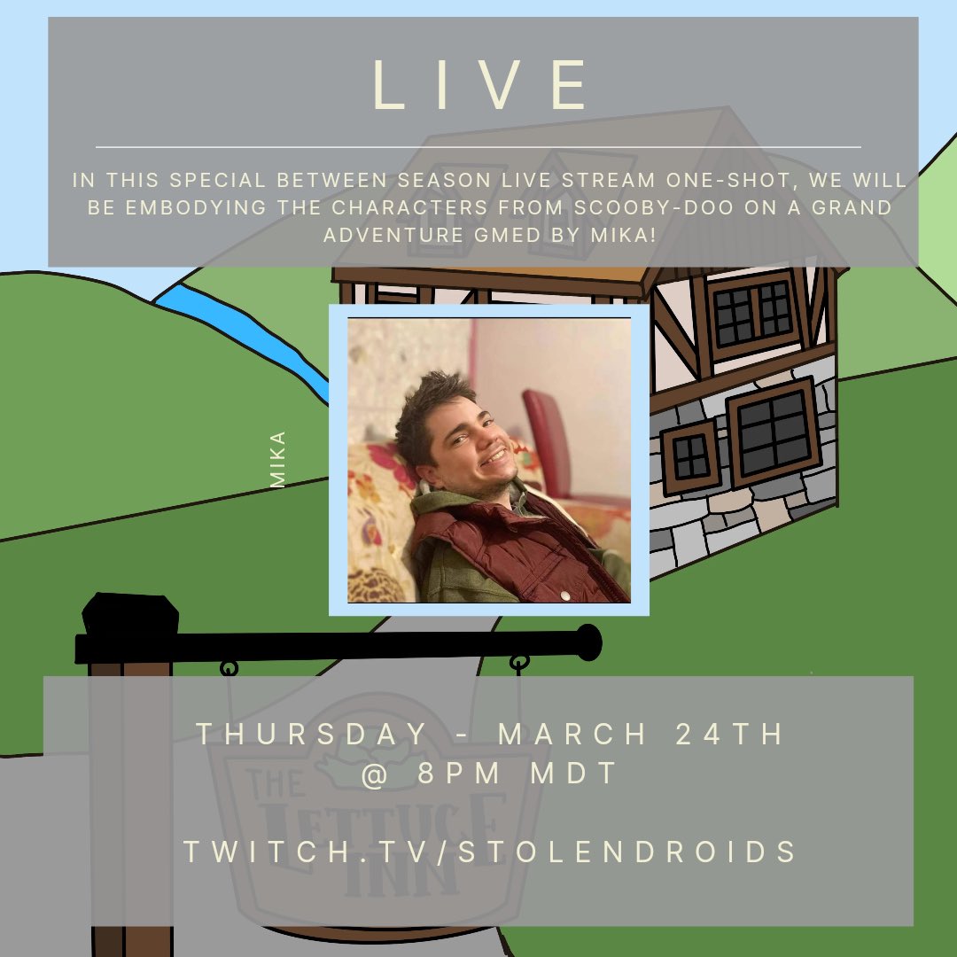 We have a special Scooby snack for you this Thursday, featuring a very groovy guest…

Adventure: “Night of Fright” by <a href="/StevenPankotai/">Steve Pankotai</a>
DM: <a href="/GoggleBoy/">mikachu (crit award nominated RD5)</a> 

#podcast #ttrpg #letsrole #gaming #roleplay #stolendroids #lettuceinn #d20 #comedy #geek #d20 #scoobydoo #live #twitch