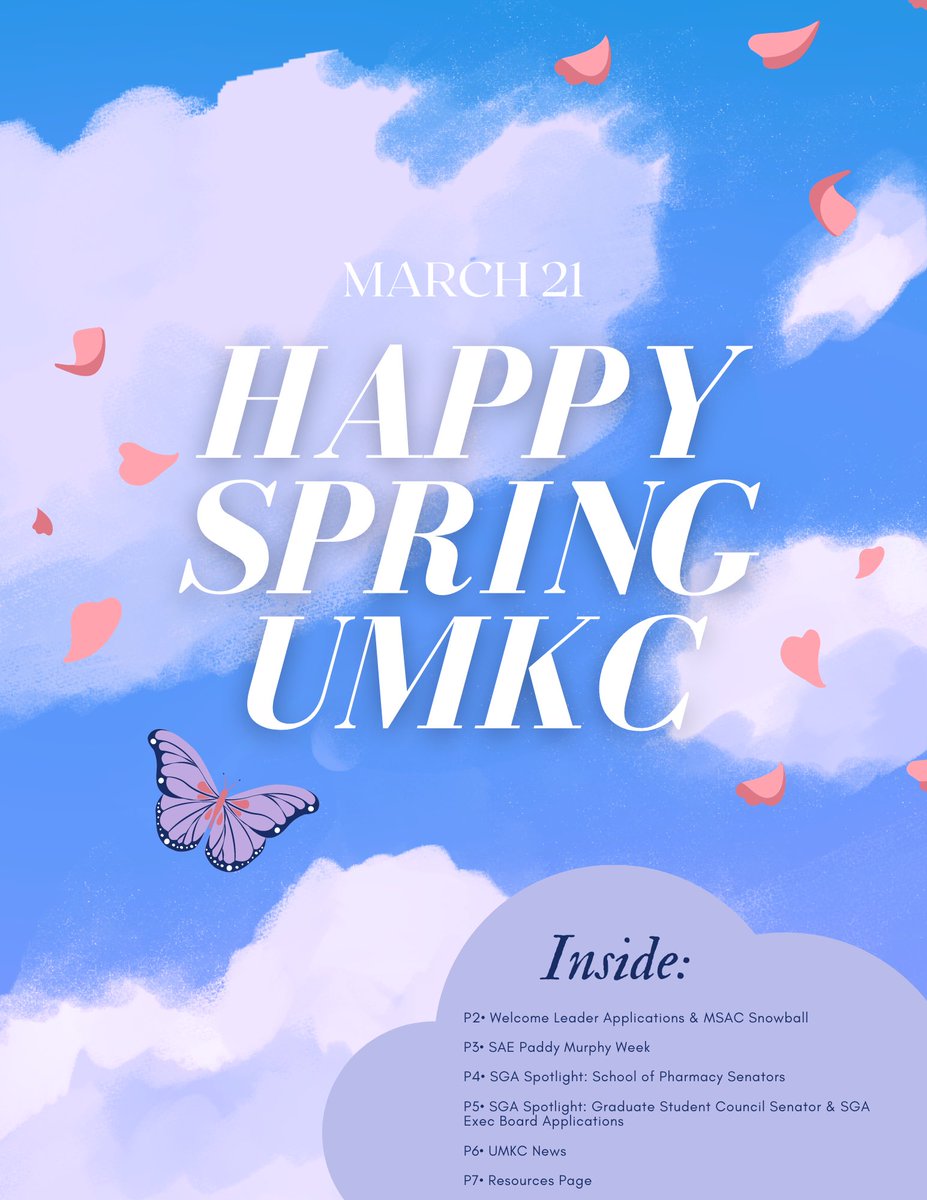 UMKCStudentGov's tweet photo. Happy Spring Roos !! 🌳🌼 
We have lots of fun things going on at UMKC in the upcoming weeks, swipe over to read about them! 🦘

- Check your emails for the PDF version, with clickable links.

1/2 https://t.co/YIOdL93FxI