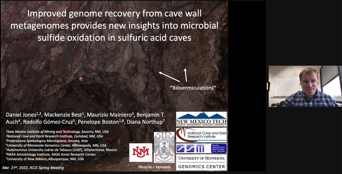 We heard a great talk just now by <a href="/geomicrobe/">Dan Jones</a> on cave wall biofilms 😍 featuring the omics-enabled work of <a href="/mackattack1009/">Mac Best</a> <a href="/AmerChemSociety/">American Chemical Society</a>
 #ACSSpring2022 with co-presiders @ironterrace <a href="/microbestalker/">Clara Chan</a> @geobiorox