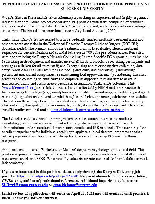 Evan Kleiman and I are hiring a research coordinator to begin this summer at Rutgers. Please share with eligible candidates! We are fun to work with and have a great track record for helping folks get into grad school.  jobs.rutgers.edu/postings/158040