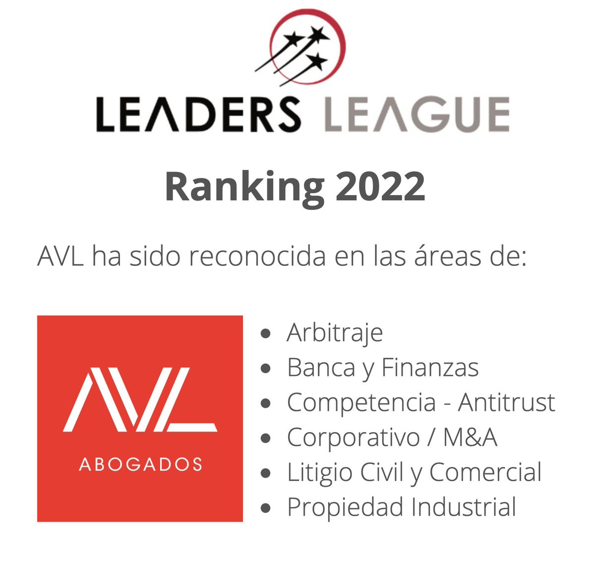 AVL 🏅 | Nos agrada comunicar que hemos sido reconocidos en diversas áreas de práctica, por el ranking 2022 de la reconocida publicación <a href="/Leaders_league/">Leaders League</a>.
Felicitamos a nuestros socios y a nuestro equipo por su magnífico trabajo.

¡Enhorabuena!
