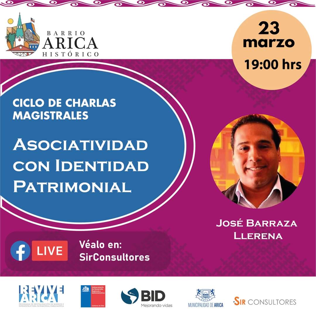 BarrioArica's tweet photo. 🧑‍🏫  #Charlas | Este miércoles continúa el ciclo de Charlas Magistrales del @BarrioArica
📒 Asociatividad con Identidad Patrimonial 
📅 Miércoles 23 de marzo a las 19 hrs.  
🧑‍🏫 Jose Barraza Llerena
✏ Transmisión por Facebook Live https://t.co/XJ62Hb3kaq 

#Arica https://t.co/22bWoBZALg