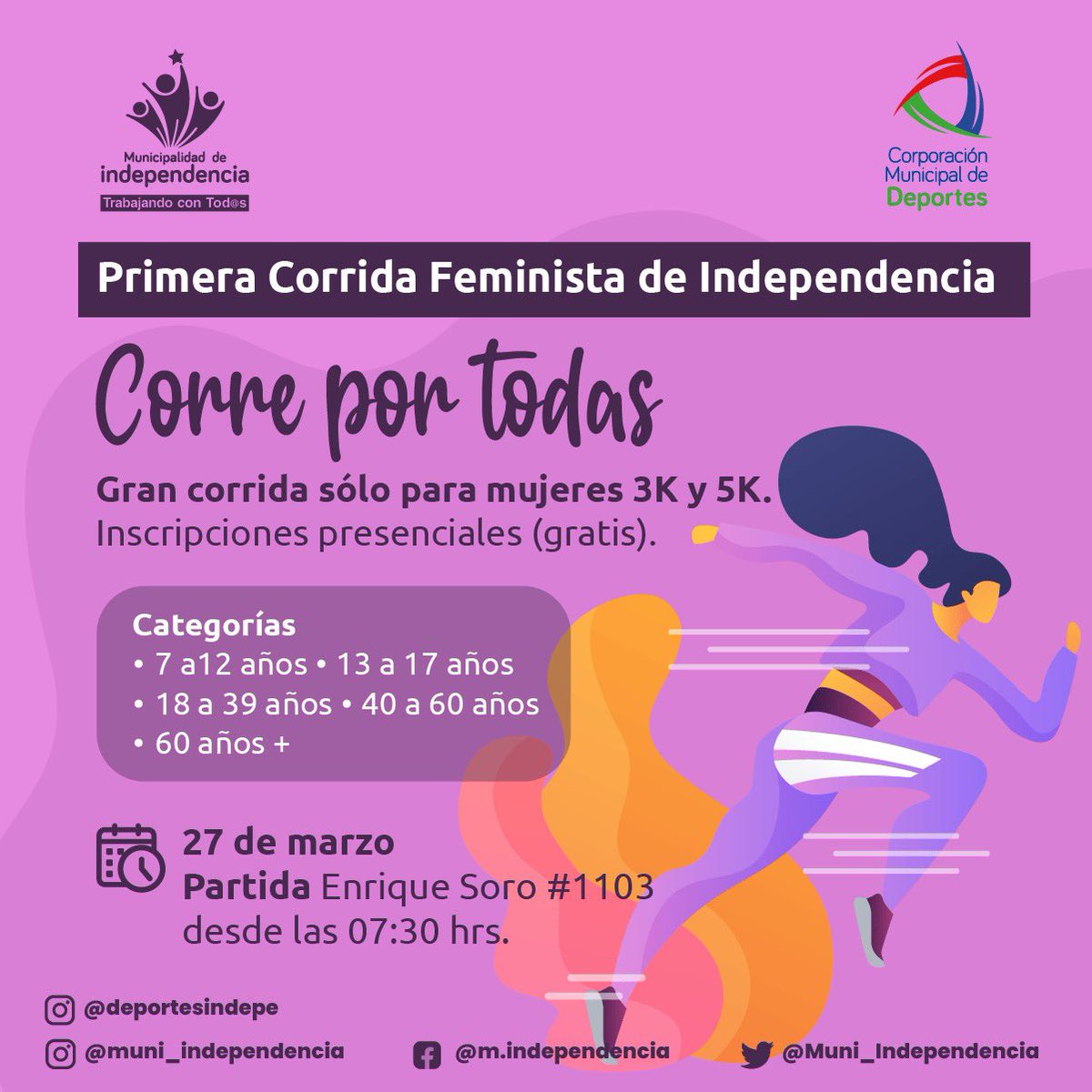 DeportesIndepe's tweet photo. 📍Primera corrida feminista en Independencia 27 marzo 09:30👟punto de partida 👉🏻Enrique Soro 1103 🏃🏻‍♀️inscripciones desde las 07:30 💯Gratis Además contaremos con una feria de servicios para mujeres en Polideportivo #CorridaFeminista🆙🏃🏻‍♀️ https://t.co/ZhXz8fXkHp