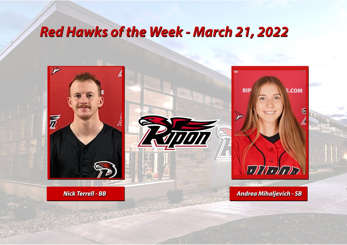 RiponRedHawks's tweet photo. This week's #RedHawksoftheWeek are @nterrell20 (@RiponBaseball) and Andrea Mihaljevich (@RCSball). Read more about their performances here: https://t.co/lze2xOozIW #ROW #congrats @RiponSports https://t.co/uOooGF9Tlg