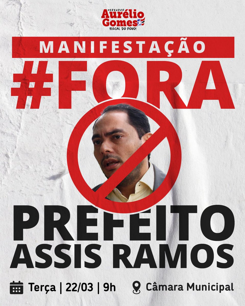 aureliovereador's tweet photo. 🚫 #ForaAssisRamos - É hora de se manifestar! Vamos somar forças nesta terça-feira, dia 22, às 9h, na Câmara Municipal em uma grande manifestação contra o prefeito de Imperatriz. Ninguém aguenta mais tanto descaso!
#foraassis #FORAASSISRAMOS #foraprefeitoassisramos https://t.co/ohZ7nNT2Qf