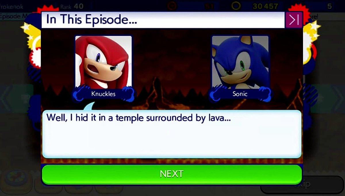 SonicLorepost's tweet photo. Fun fact: According to Sonic Runners, Knuckles hides the Master Emerald in a hidden temple surrounded by lava, which would explain why Knuckles leaves the Master Emerald unattended and embarks on adventures with Sonic in many games. https://t.co/CZS9eTLcca