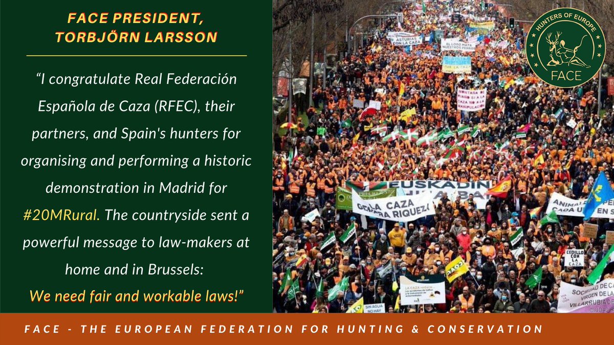 FACEforHunters's tweet photo. 🇪🇸📢 #20MRural manifestation: We supported @RFECaza &amp; more than ❗️600,000❗️ Spanish #hunters LIVE in Madrid to show solidarity for: #JuntosPorElCampo! See what FACE President &amp; #cazadores @LarssonTorbjrn has to say: ⬇️⬇️⬇️ https://t.co/zbhQzM5f2Z