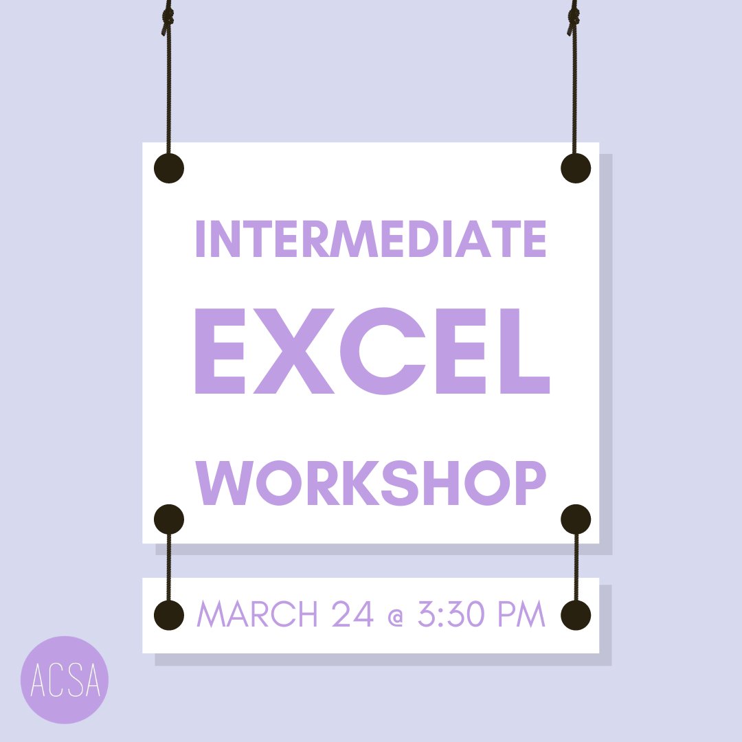 UBCACSA's tweet photo. Sign up for our Intermediate Excel Skills Workshop that will take place on March 24th from 3:30-5pm on Zoom 📈📈
https://t.co/GjlEkgcl1J https://t.co/JAkT8esjpb