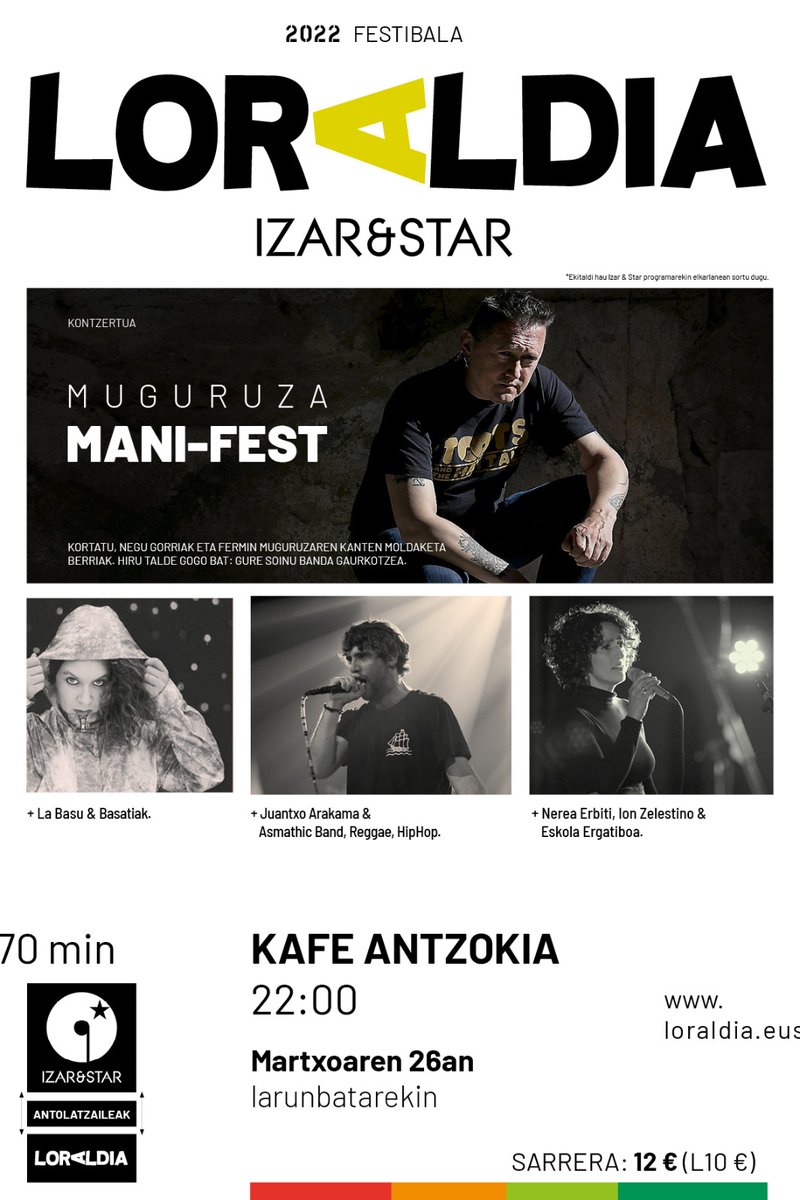 Larunbatean ikusiko dugu elkar <a href="/kafeantzokia/">Kafe Antzokia</a> -n, oraingoan, nire kantuen ikusle bezala. 
Irrikitan entzuteko zein kantu aukeratu ditzuten miresten ditudan musikari hauek: Ion Celestinok <a href="/BrokenBrothers/">Broken Brothers B.B.</a> , <a href="/NereaErbiti/">Nerea Erbiti</a> , Juantxo <a href="/Glaukomaband/">Glaukoma</a> eta <a href="/labasu1/">La Basu</a> k 
kafeantzokia.eus/es/agenda/mugu…