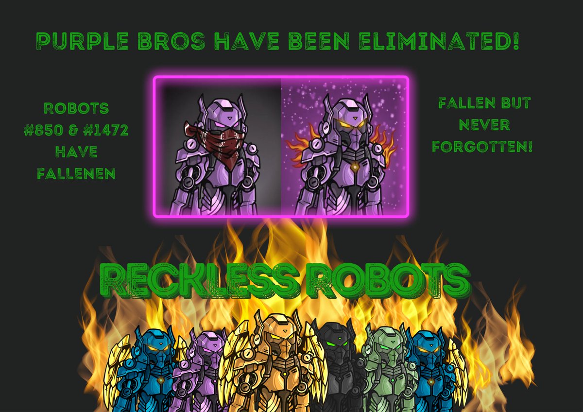 RecklessRobots's tweet photo. Today these two Reckless Robots were fallen! Daily eliminations continuing since day 1 ๐ฅ๐ฅ๐ฅ
#cro #fallenbutneverforgotten https://t.co/qhHGDHG0lz