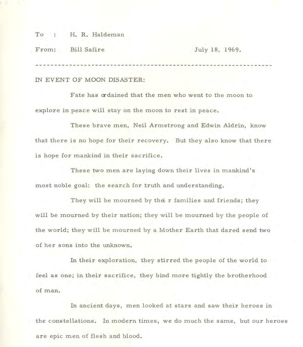 morganhousel's tweet image. The speech prepped for Nixon to give if Apollo 11 failed.