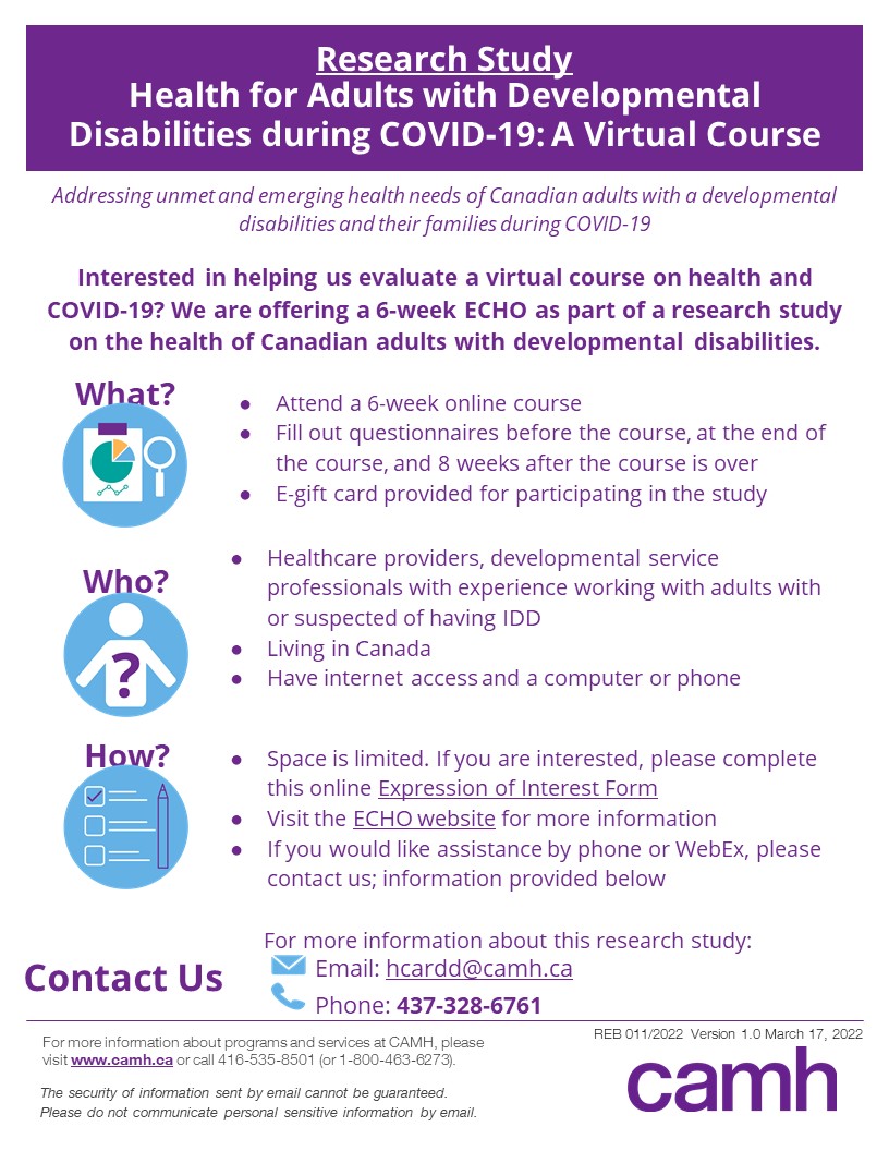 Are you interested in helping us evaluate a virtual course on health and COVID-19? We are offering a 6 week ECHO as part of a research study on health of Canadian adults with developmental disabilities and COVID-19.  For more information about this study:edc.camhx.ca/redcap/surveys…