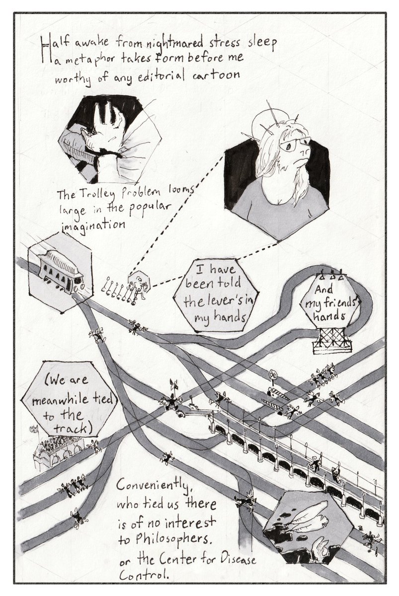 SamFateKeeper's tweet photo. here's a comic about covid and trolley problems and "personal responsibility". written, drawn, photocopied, inked, and frantically collaged at the height of the Omicron surge, as most world governments simply gave up on containment. https://t.co/vib9962fYI