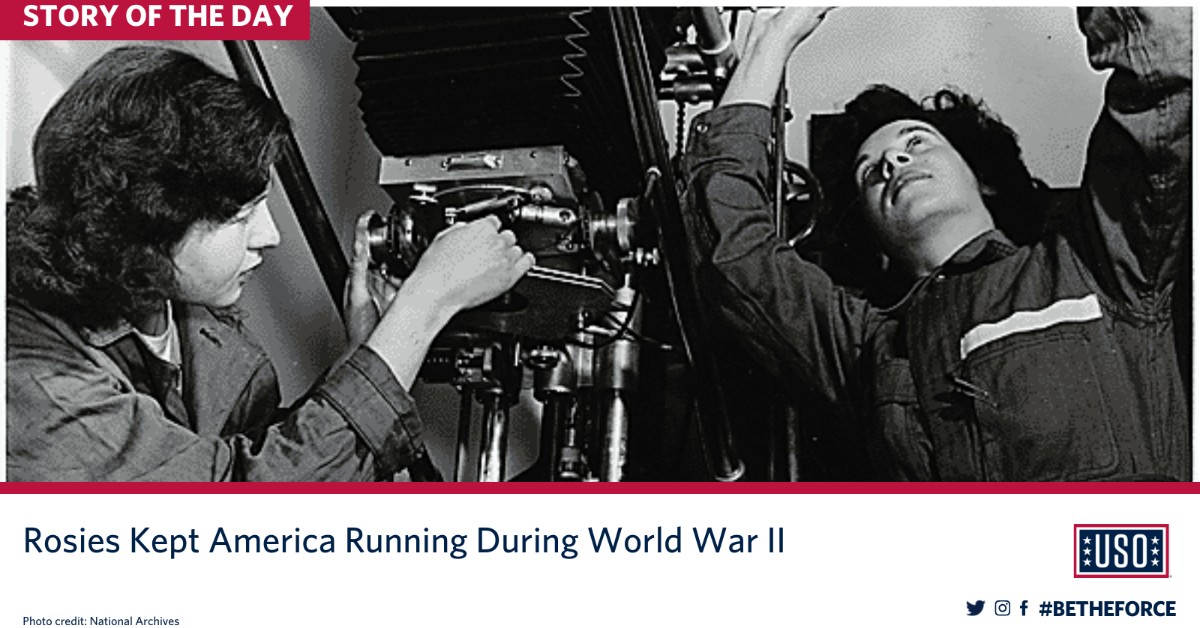The_USO's tweet photo. The “Rosie the Riveter” song first hit airwaves in 1943, but Rosie was already hard at work supporting the war efforts. In the 1940s, America’s women stepped up in droves during World War II.  https://t.co/KzcVabT0eR https://t.co/Az9L825KKO