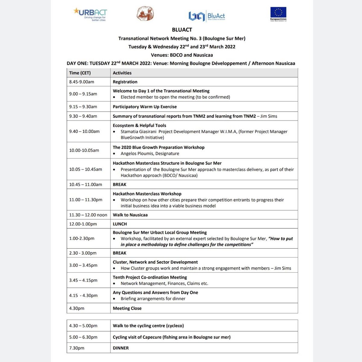 bluact's tweet photo. The agenda of the TNM of #BluAct @URBACT second wave! 22+23 March, Boulogne-sur-Mer, France. Stay tuned for the coverage of the event, the next 2 days. Next stop: Paris, 23+24+25 March for the meeting with the rest of the #URBACT 2nd wave networks! https://t.co/RrIO31jnxP