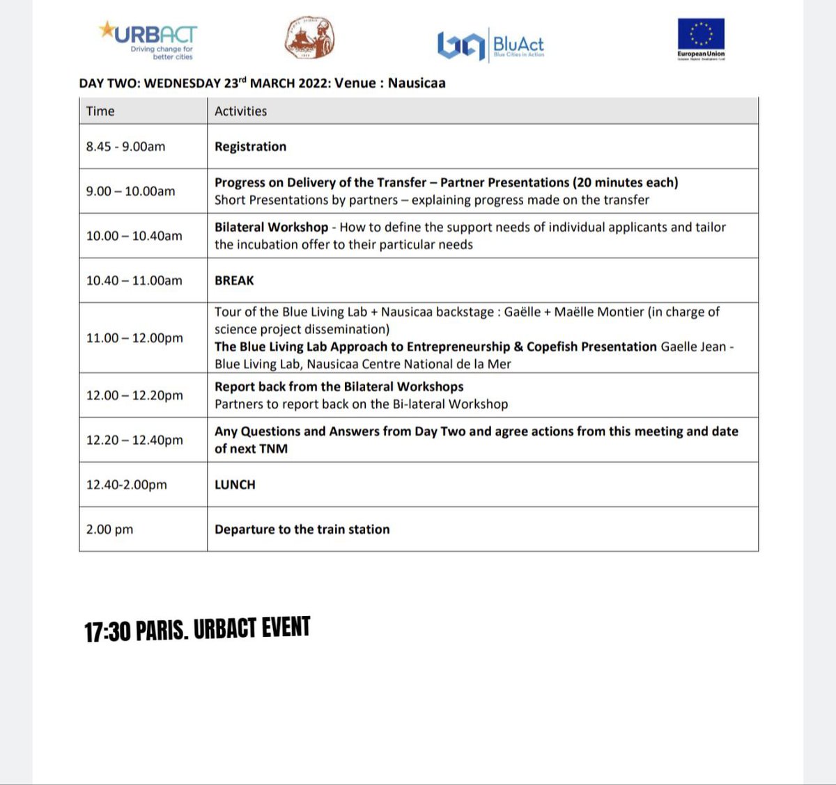 bluact's tweet photo. The agenda of the TNM of #BluAct @URBACT second wave! 22+23 March, Boulogne-sur-Mer, France. Stay tuned for the coverage of the event, the next 2 days. Next stop: Paris, 23+24+25 March for the meeting with the rest of the #URBACT 2nd wave networks! https://t.co/RrIO31jnxP