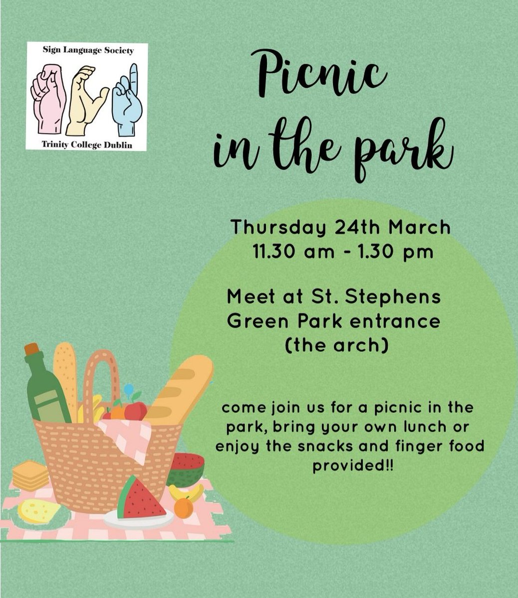 To celebrate the lovely weather, we are holding a picnic in the park! Come join us in St Stephens Green. Bring your lunch or enjoy snacks and food provided. We will meet at the arch and set up the picnic together. Keep an eye on our instagram stories for updates.