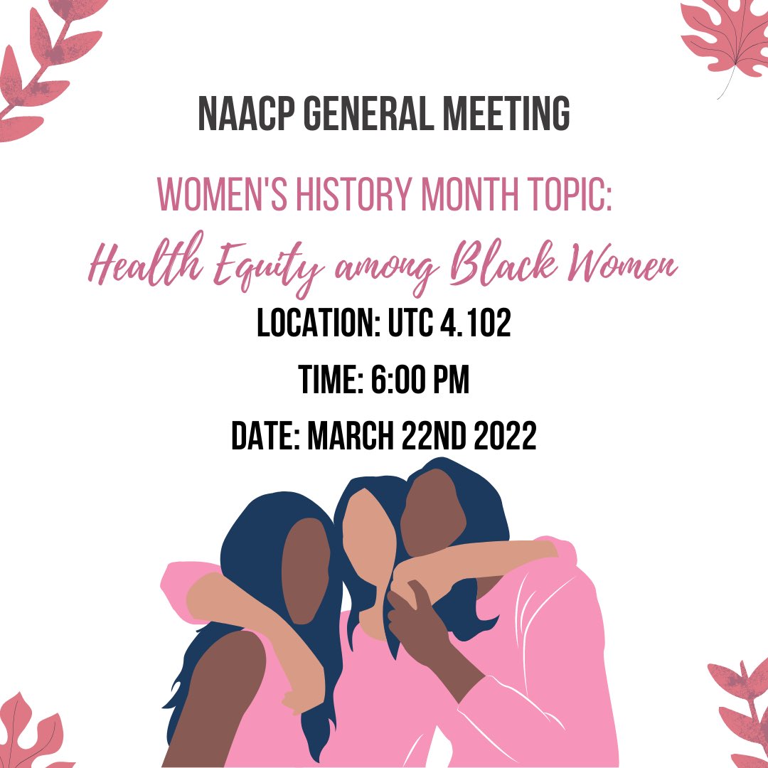 Happy Women’s history month! This month’s meeting topic will be health equity among Black Women. 🩺Come share your experiences as a Black women and or Black individual in a safe space with food provided 💖 

#ut22 #ut23 #ut24 #ut25