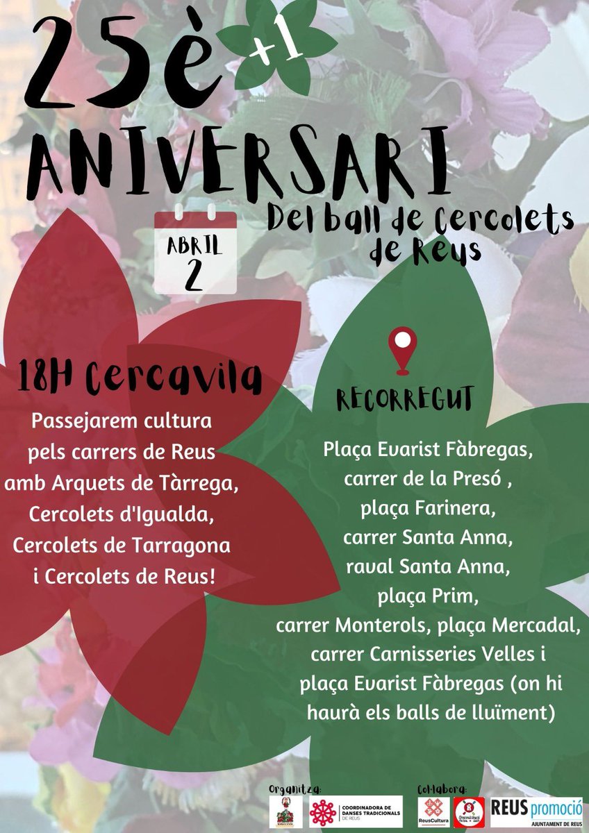 🌸TORNEM ALS CARRERS🌸 

Tenim moltíssimes ganes de tornar a fer ballar els cèrcols pels carrers de la nostra ciutat i el dissabte dia 2 d’abril a les 18h en tindreu l’oportunitat!!🥳🥳

Us hi esperem a totes😍!!!
